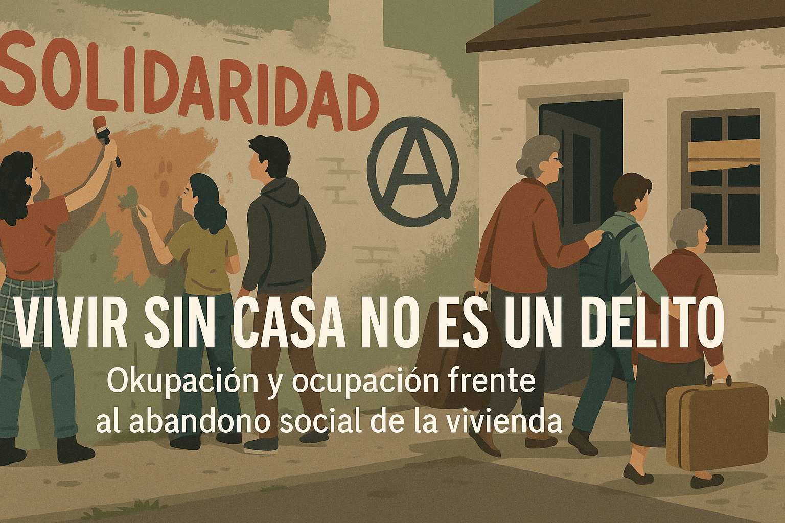Ilustración horizontal con dos escenas: a la izquierda, jóvenes activistas pintan un mural con la palabra “Solidaridad” y el símbolo del movimiento okupa, representando la protesta social; a la derecha, una familia con maletas entra en una vivienda vacía, simbolizando la ocupación por necesidad. En el centro aparece el texto: “Vivir sin casa no es un delito. Okupación y ocupación frente al abandono social de la vivienda”.