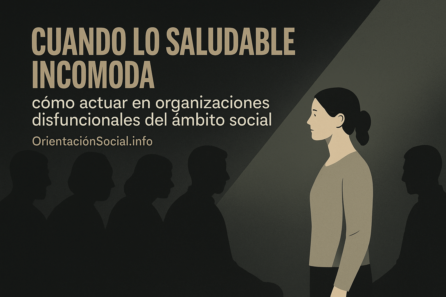 Ilustración de una profesional del ámbito social iluminada por una luz cálida mientras otras figuras permanecen en sombra, simbolizando la coherencia y la salud emocional frente a un entorno laboral disfuncional.