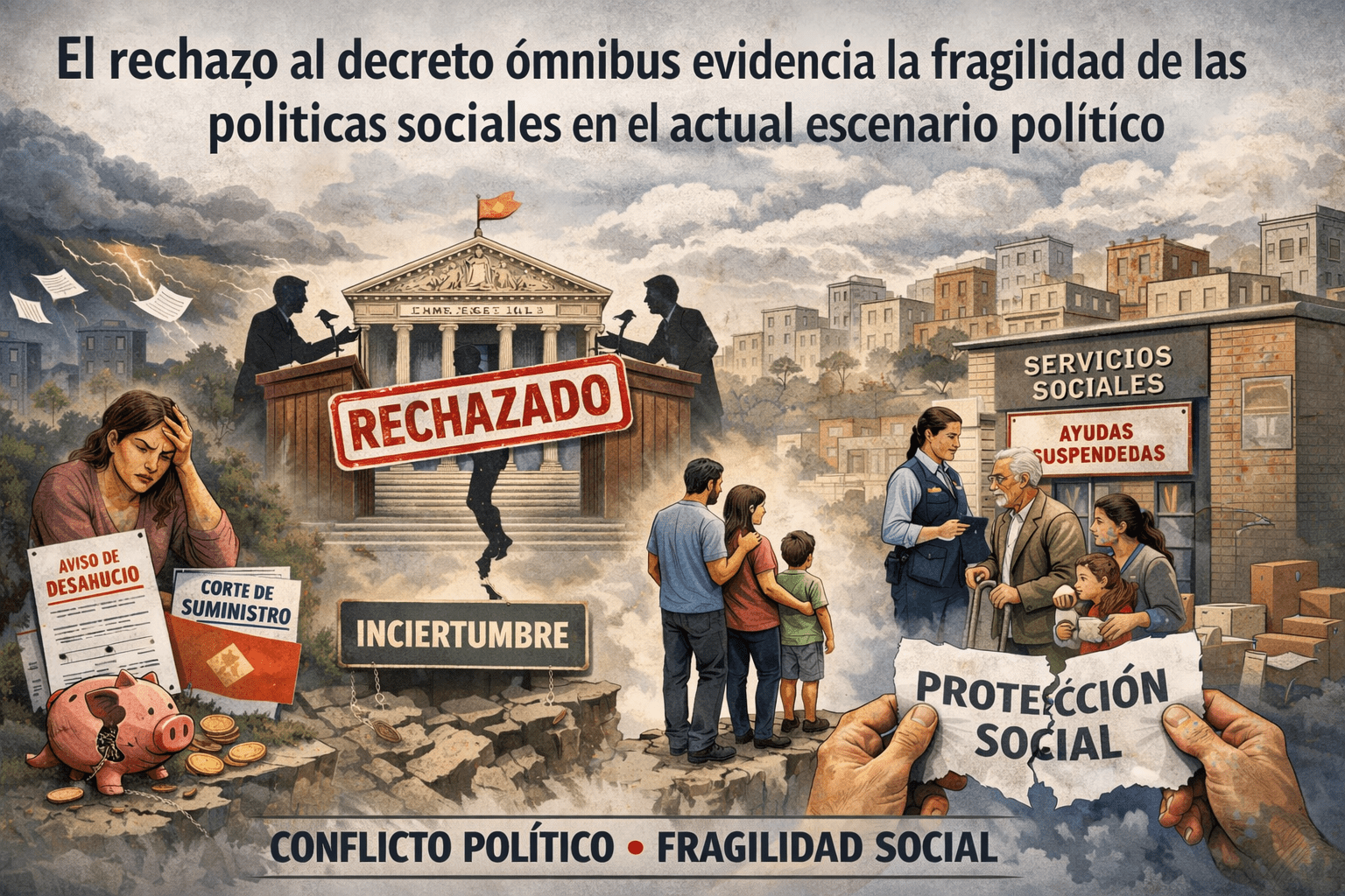 Ilustración sobre el rechazo del decreto ómnibus en el Congreso y sus consecuencias en las políticas sociales, la incertidumbre y la protección social en España.