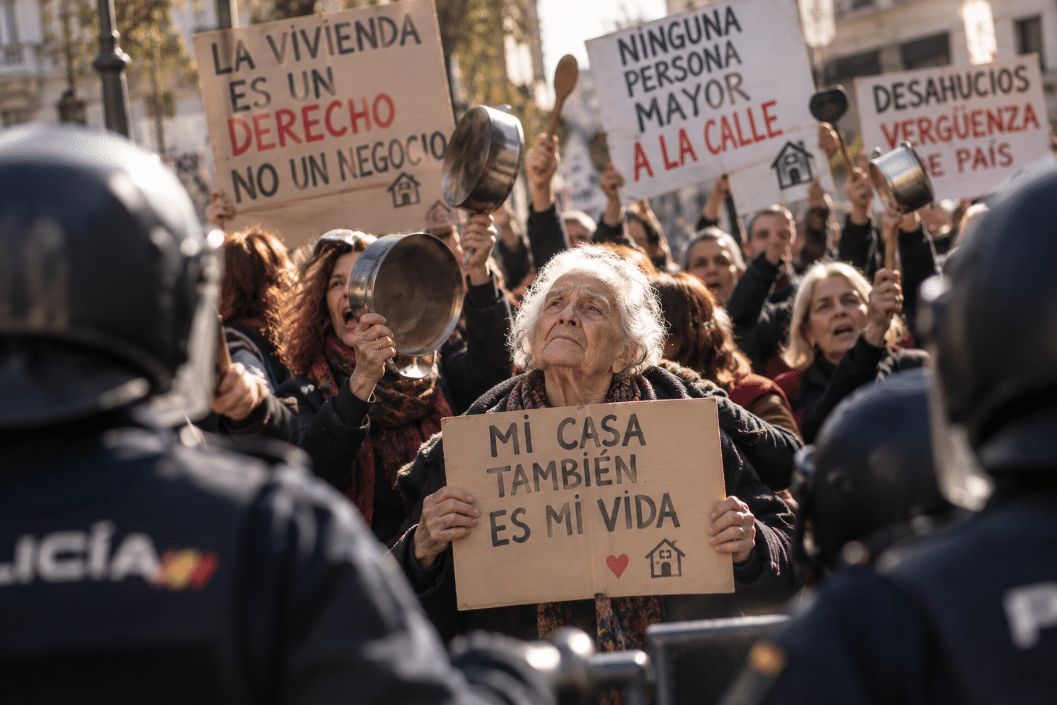 Manifestación contra el desahucio de una mujer mayor, rodeada de vecinos frente a una línea policial