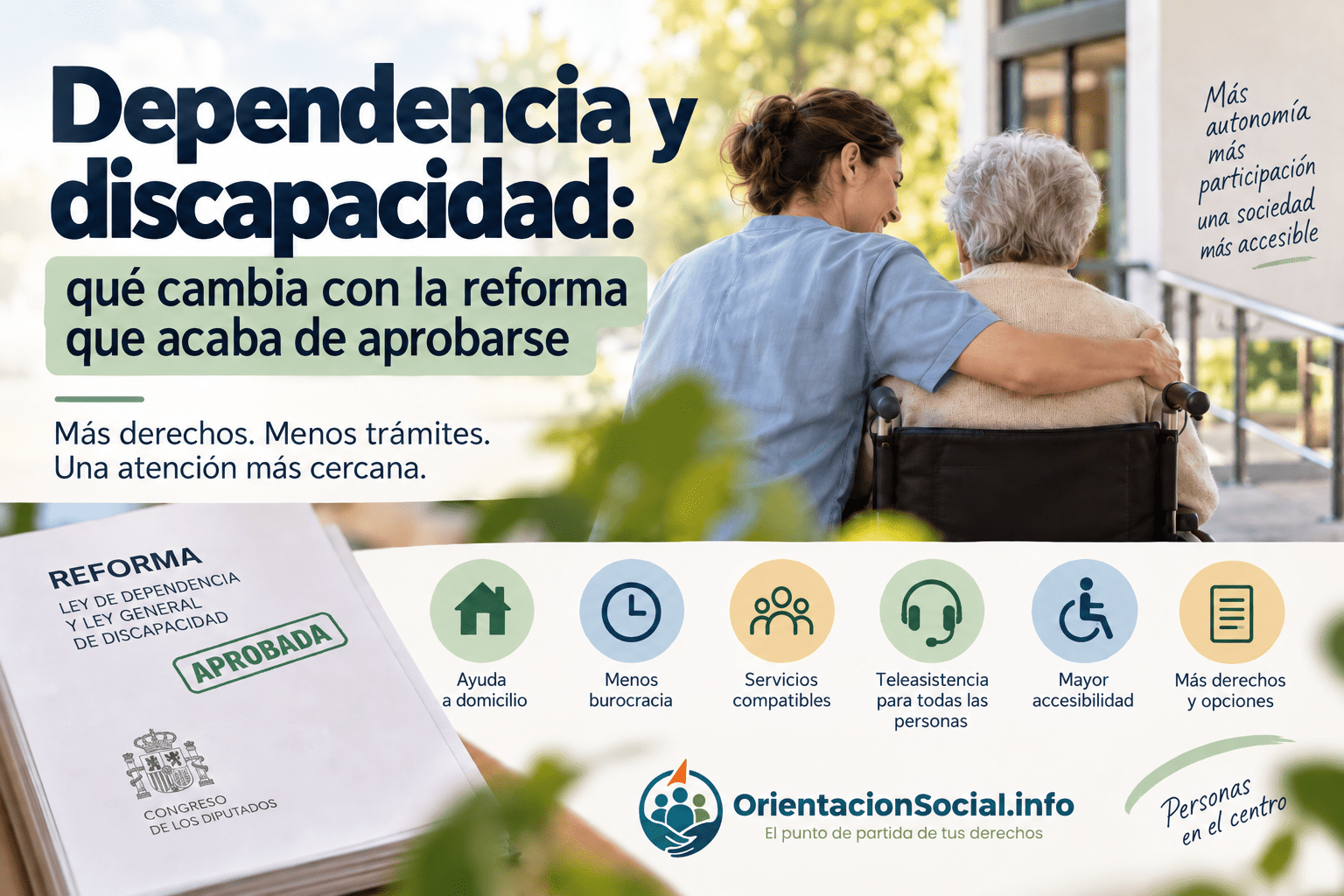Persona cuidadora acompaña a una mujer en silla de ruedas en una imagen sobre la reforma de dependencia y discapacidad