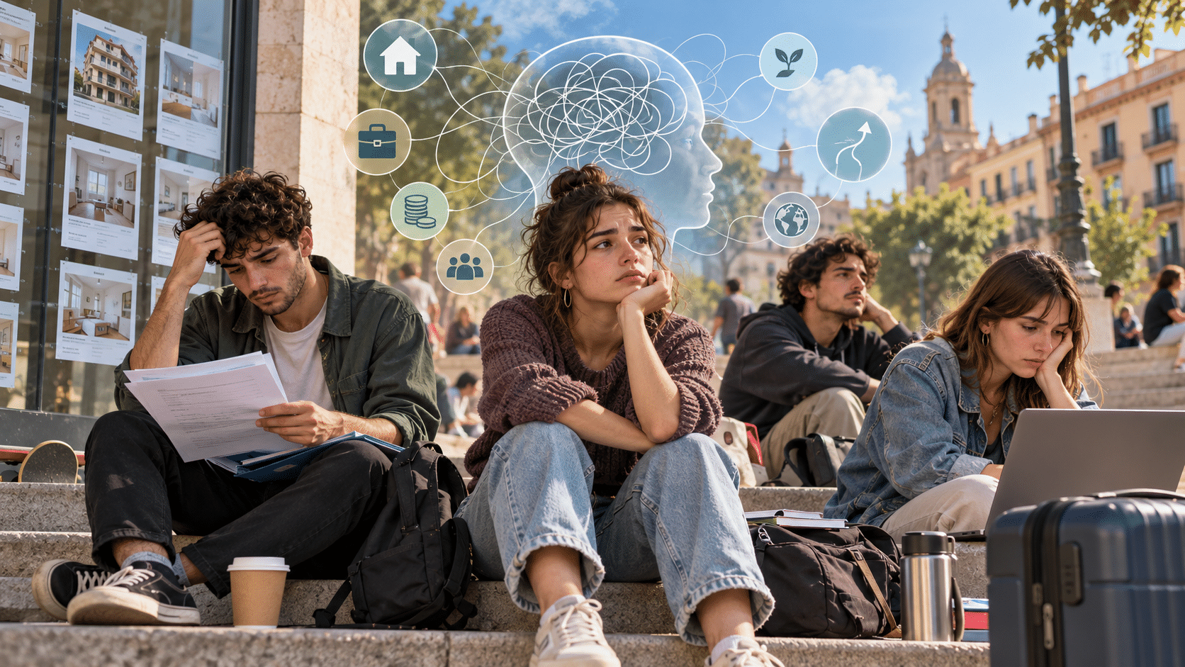 Jóvenes afectados por la incertidumbre sobre vivienda, empleo y futuro, representada como una carga sobre su salud mental