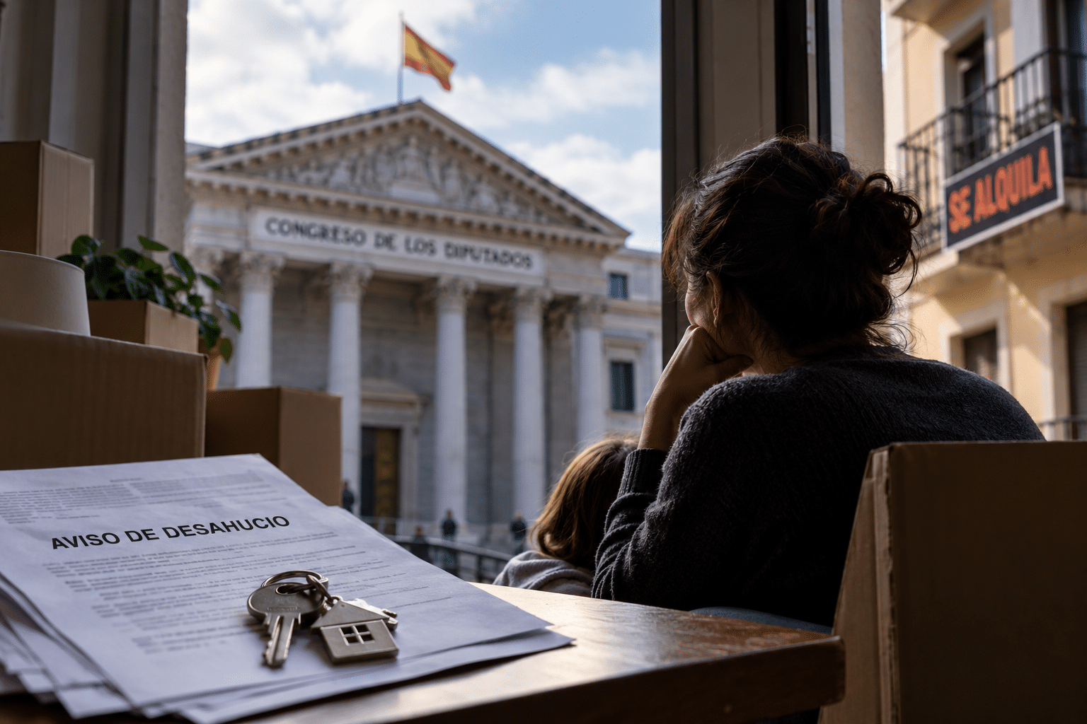 Mujer con su hijo ante un aviso de desahucio y cajas de mudanza, con el Congreso de los Diputados al fondo